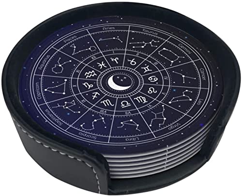 Zodiac Astrology Wheel Zodiac Horoscope Signs Dessous de Verre en Cuir pour Boissons Lot de 6 avec Support de protectionCoffee Drink Cup Dessous de Verre pour Pendaison de crémaillère Décoration d'i