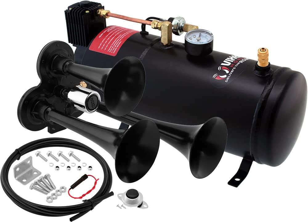 Vixen Horns Train Horn Kit for Trucks/Car/Semi. Complete Onboard System- 150psi Air Compressor, 1 Gallon Tank, 3 Trumpets. Super Loud dB. Fits Vehicles like Pickup/Jeep/RV/SUV 12v VXO8210/3311B