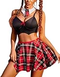 Avidlove Schoolgirl Lingerie for Women 4 Pieces Roleplay Lingerie Sets Student Costume Outfit with Mini Skirt Red Plaid XL