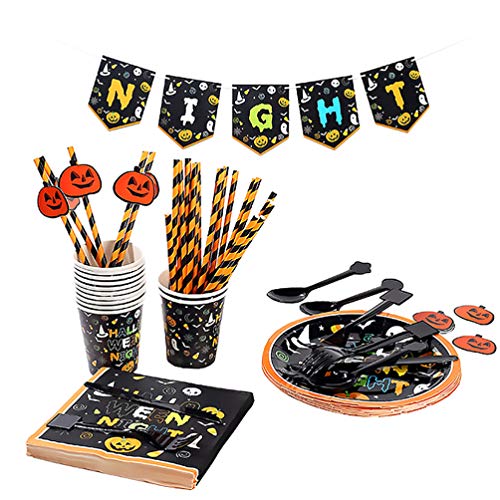 NUOBESTY Feestservies Voor Halloween | Inclusief Bord Kartonnen Beker Papieren Handdoek Zwarte Lepel Vork Banner Rietje… - Image 3