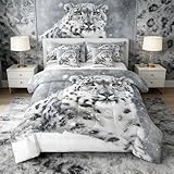 Homewish Snow Leopard Kids Comforter Set 7 Piece Twin Size,Cheetah Wild Animal Print Natural Reversible Quilt Set,Winter Season White Snowflake Bedding Set with Comforter,Sheet,Pillowcase