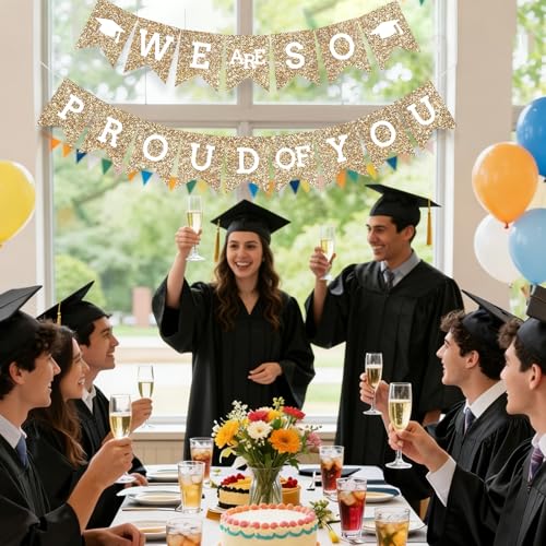 Image of Gold We Are So Proud Of You Banner Congrats Grad Cap Bunting Flag Grad Party Decoration Idea