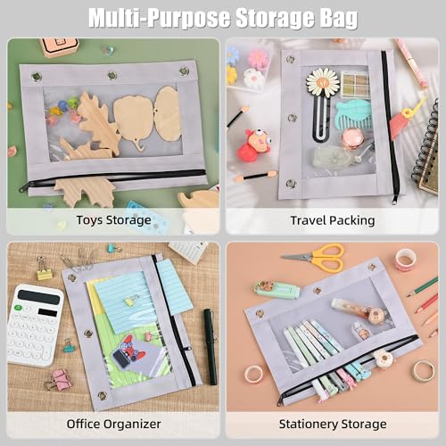 Image of Lanpn Pencil Pouch for 3 Ring Binder 6 Pack, Aesthetic Binder Pen Holder with Zipper, 3 Holes Pencil Bags Organizer for Boy Girl Kids School Student, Reinforced Grommets & Clear Window, Grey