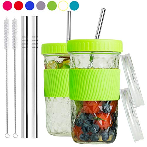 Reusable Smoothie Cups Boba Tea Cups with Lid and Straw,Bubble Tea Cup Glass Tumbler Travel Mug, Wide Mouth Mason Jar Cups (2-pack, 22 oz)(Green)