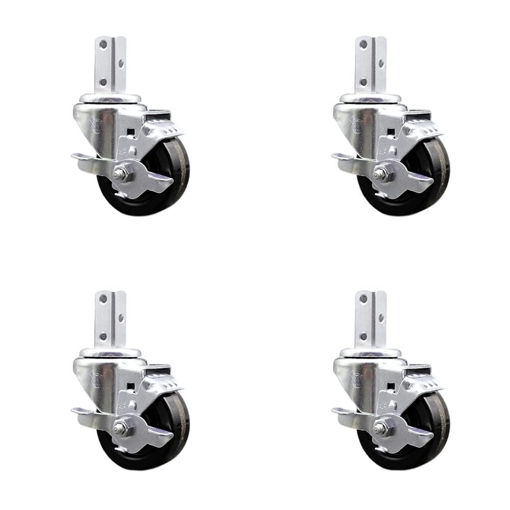 Swivel Square Stem Caster Set 4 w/3.5” x 1.25” Black Phenolic Wheel-3/4” x 2” Square Stem with (3) 17/64” Diameter Mounting Holes-Includes 4 Top Lock Brakes-1200lbs. Cpty/Caster - Service Caster Brand