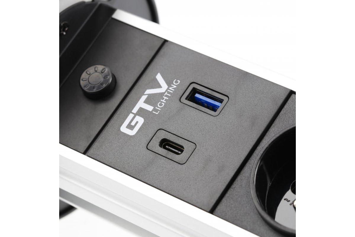 GTV Prise de table encastrable CAMINO 80 mm, 2 x français, USB-A+C, charge à induction 10 W, câble de 1,5 m, blanc - Solution parfaite pour les lieux de travail modernes