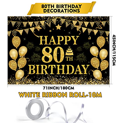 Image of 80th Birthday Decorations for Men Women - Happy 80th Birthday Banners Decorations Black Gold 80 Years Birthday Party Favor Backdrop for 80th Birthday Party Sign Decor (71 x 45 inch)