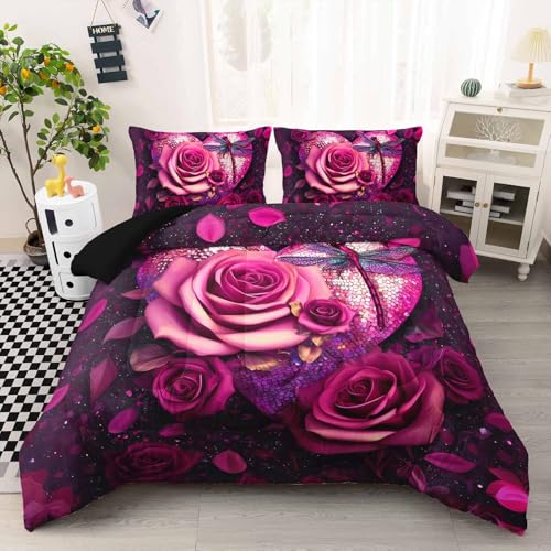 Image of AILONEN Soft Twin Comforter Set, 3-Piece Pink Rose Dragonfly Print Bedding Set,Purple Glitter Heart Flower Comforter with 2 Pillowcases