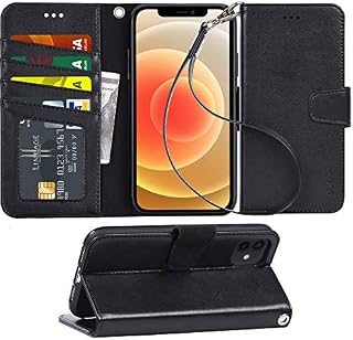Arae Compatible with iPhone 12 Case and iPhone 12 Pro Case Wallet Flip Cover with Card Holder and Wrist Strap - Black