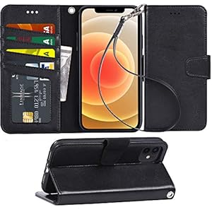 Arae Compatible with iPhone 12 Case and iPhone 12 Pro Case Wallet Flip Cover with Card Holder and Wrist Strap – Black