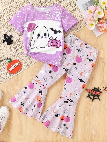 Image of Ayzozuy Kids Toddler Girl Clothes Letter Print Graphic Top + Leopard Print Flare Leg Pants 2PC Summer Clothing Set