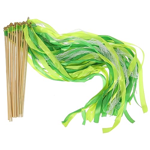 PATIKIL Ribbon Sticks Fairy Wands, 25 Pack Lace Silk Fairy Stick Wand Send Off Streamers for Wedding Party Birthday Holiday Celebration, Green/Light Green