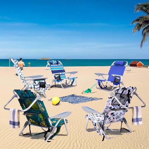 Portable Beach Chair for Adults, Outdoor Camping Chair Lay Flat Folding Backpack Beach Reclining Chair with 5 Positions, Headrest, Zipper Pouch, Cup Holder, Blue2
