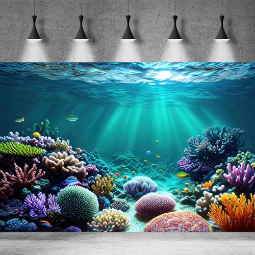 Image of Coral Reef Aquarium Background Deep Blue Ocean Underwater Marine with Sunbeams Terrarium Background Colorful Exotic Corals Tropical Fish Tank Backdrop Poster Wallpaper Decorations Vinyl 30x18in
