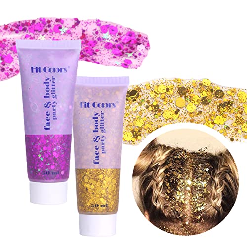Meicoly 2Pcs Face Body Glitter,Singer Concerts Festival Rave Accessories,Mermaid Face Glitter Gel,Sparkling Sequins Glitter Face Paint,Holographic Chunky Glitter For Eye Lip Hair,100Ml,Gold+Purple #TOP18