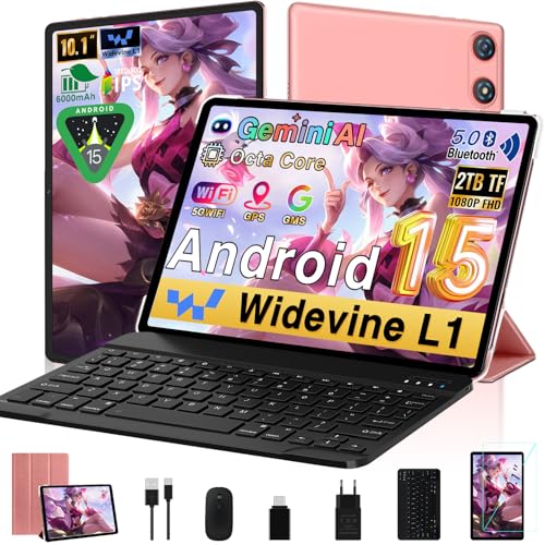 Tablet 10 Pollici Android con 20GB RAM + 128GB ROM (TF/2TB), 5G WiFi 6, Octa-Core, GMS, Bluetooth 5.0, 5MP + 8MP, 1280 * 800 FHD IPS, Widevine L1, 2025 Newest Tablet 2 in 1 con Tastiera e Mouse - Rosa