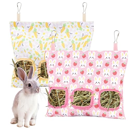 Lesnala 2pcs Bunny hay feeder Rabbit hay feeder bag Hanging guinea pig hay bag Large capacity cotton canvas fabric hay bag for Rabbits Bunny Chinchillas Hamsters and Other Small Pets(3 Holes 2 styles)
