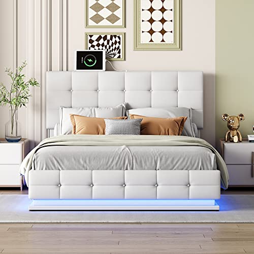 Merax Modern Tufted Plattform Bed With Storage Underneath Queen Faux Leather Lift Up Bed Frame With Led Lights And Usb Charger No Box Spring Needed White, 83"L X 64.9"W X 44"H #TOP3