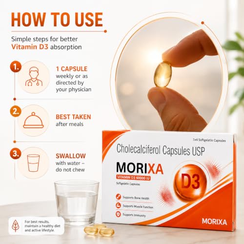 Image of MORIXA D3 Capsule 60000 IU Vitamin D3 Cholecalciferol Softgel Capsules, Pack of 5 Strips (20 Capsules)