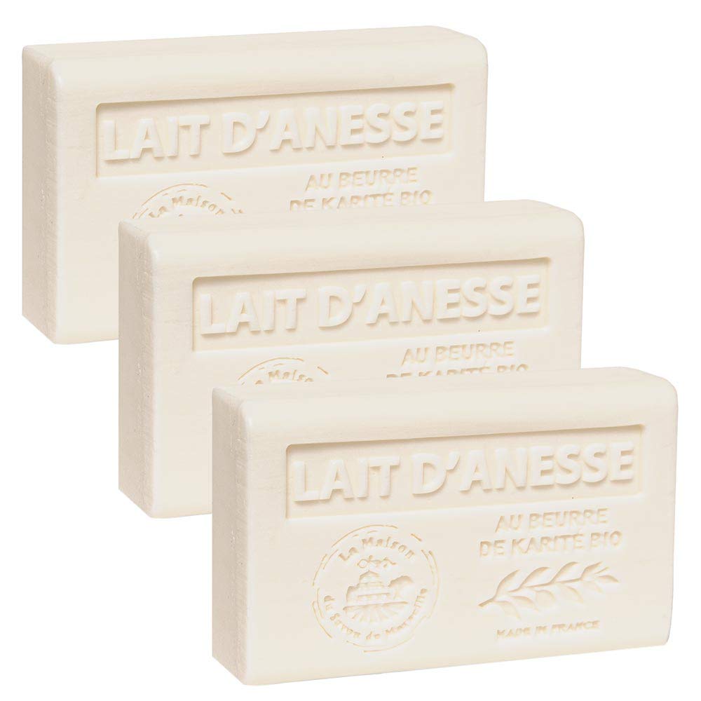 Hand & Body Soap Bars Trio - Donkey Milk Moisturizing French Soap with Organic Shea Butter - Rich Creamy Lather - 97% Natural Ingredients - Solid Bath Cleanser Made in Provence - 3x4.4 oz