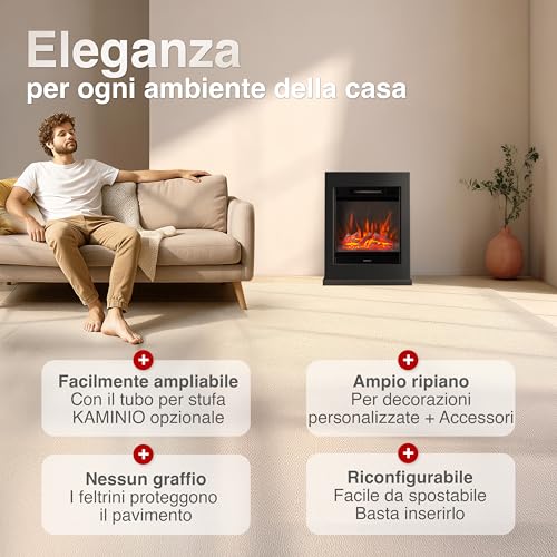 Kaminio Camino Elettrico Kalle - Caminetto Elettrico A Pavimento Con Riscaldamento, Effetto Fiamma 3D, Telecomando (Nero) - 2