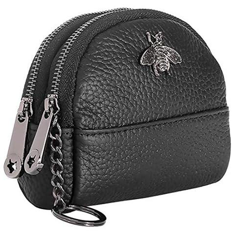 Aileder Double Zipper Coin Purse Change Pouch Wallet Womens Ladies Genuine Leather Small Key Card Holder Wallet with Keychain Keyring (Black) Cover