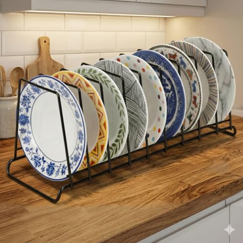 Image of TechSrmaji Premium 9- Section Stainless Steel Plate Stand | Dish Organizer Rack for Kitchen Cabinet & Countertop | Rust Proof 9 Plate Holder for Dishes, Thali & Lids (9-Section) Black