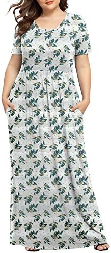 LONGYUAN Womans Short Sleeve Lounge Plus Size Stretch Beach Long Dresses with Pockets Yellow Dot Leaf,5XL