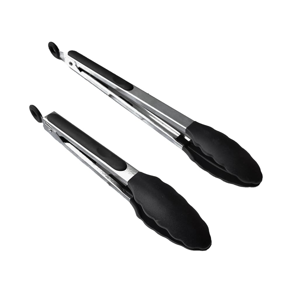 QIQINIU 2 PCS Kitchen Silicone Tongs- 9” and 12” Premium Silicone Cooking Tongs, Food Barbecue Serving Tongs, Stainless Steel BBQ Grilling Serving Tongs, Nonslip Smart Locking & Easy Grip, Heat Resistant