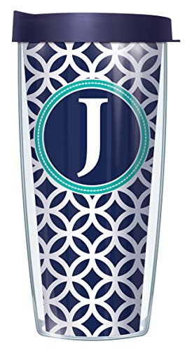 Signature Tumblers"J" Monogram Insignia Wrap on Navy and White Roundabout 16 Ounce Double-Walled Travel Tumbler Mug with Navy Blue Easy Sip Lid