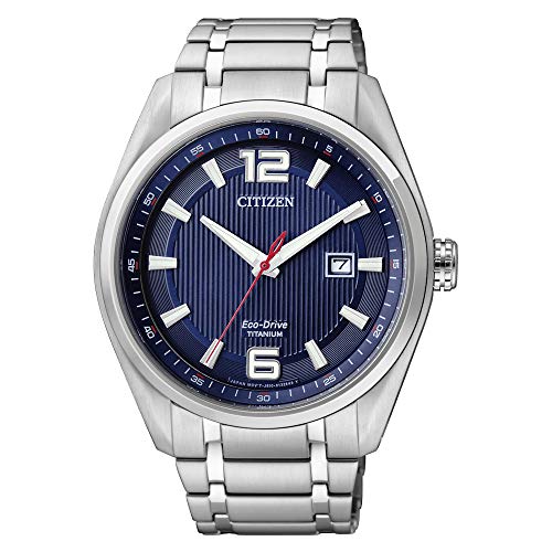 Preisvergleich Produktbild Citizen Titan-Eco-Drive (solarbetrieben) Armbanduhr, rundes blaues Zifferblatt, Titan-Silbergehäuse und Band, kratzfestes Saphirglas und Datumsanzeige, AW1240-57M