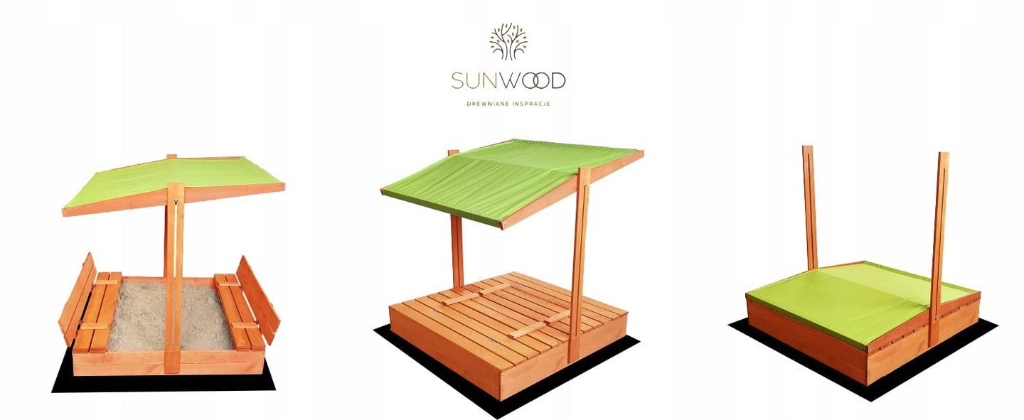 Premium Imprägniert Sandkasten 120x120 mit Dach mit Sonnenschutz mit UV-Schutz Sandbox mit Abdeckung mit Sitzbänken mit Deckel mit Plane Sandkiste Sandkastenvlies Holz