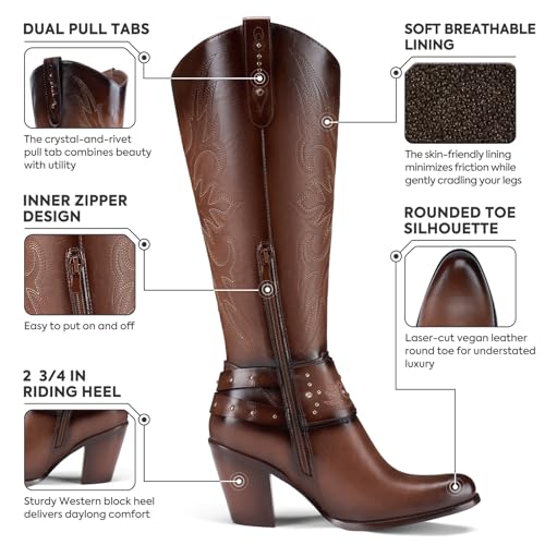 Rollda Cowboy Boots for Women, Cowgirl Boots Knee High, Ladies Tall Western Boots Rounded Toe Chunky Heel Pull on Zipper for Country Concert Party Nashville Outfit Women Boots3