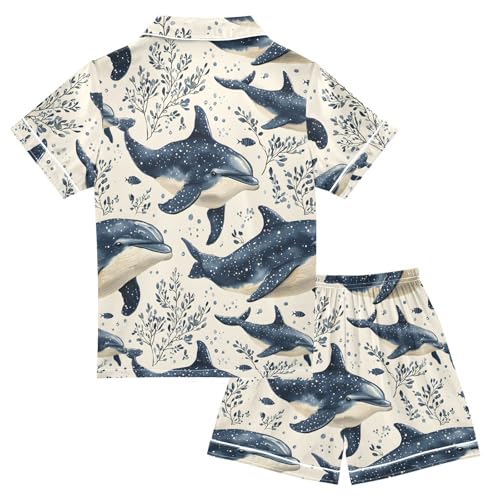 ALAZA Dolphin Ocean Leaf Satin Pajamas Set Short Sleeve Button Down Sleepwear Summer Pjs 2 Piece2