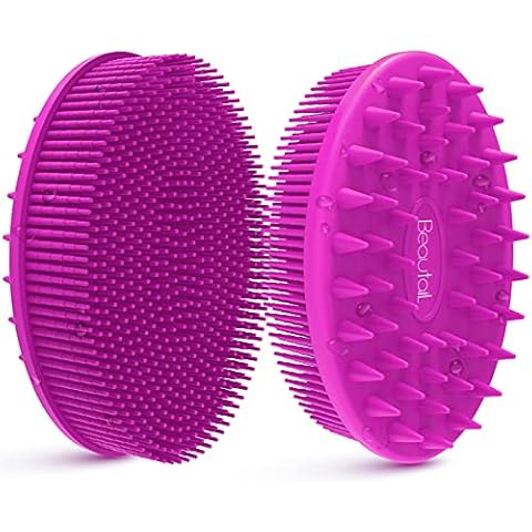 BEAUTAIL Silicone Body Scrubber, 2 in 1 Shower Bath Wash and Hair Shampoo Brush, Gentle Exfoliating Scrub Cleansing Loofah for Women Men Baby Sensitive Skin, Lather Nicely, 1 Pack, Purple Cover