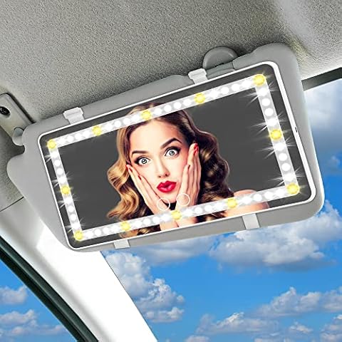 ViLSOM Car Vanity Mirror With Lights,Rechargeable Car Mirror Visor with 3 Lighting Modes & 60 LEDs Touch Screen Dimmable USB Travel Makeup Mirror for Car Truck SUV Universal Rear View Mirror Cover