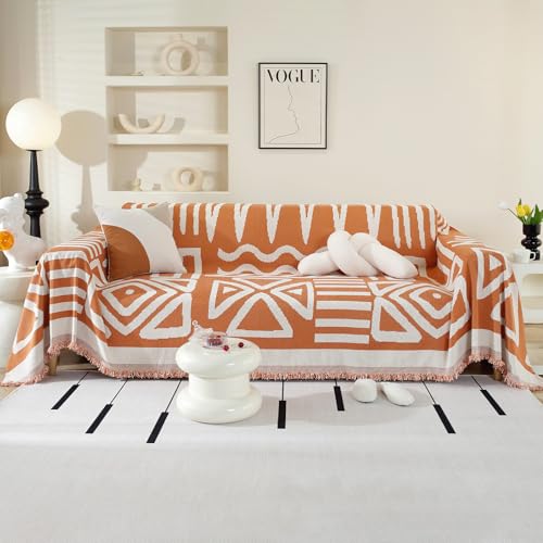 Boho Sofa Cover 2 3 4 Seater, Chenille Couch Cover for Corner Sofa, Washable Sofa Slipcover, Couch Protector Loveseat L Shaped Covers with Tassel, Suitable for All Seasons, 180 x 300 cm, Orange