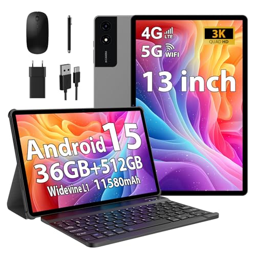 RUSHAR Tablet 13 Pollici Android 15 con 36GB RAM+512GB ROM(TF 2TB), 4G LTE & 5G WiFi, INCEL 3K HD, 11580mAh /Octa Core/Gemini AI/13MP+8MP/90Hz/18W/GPS/Widevine L1/BT5.0, Tablet con Tastiera,Grigio