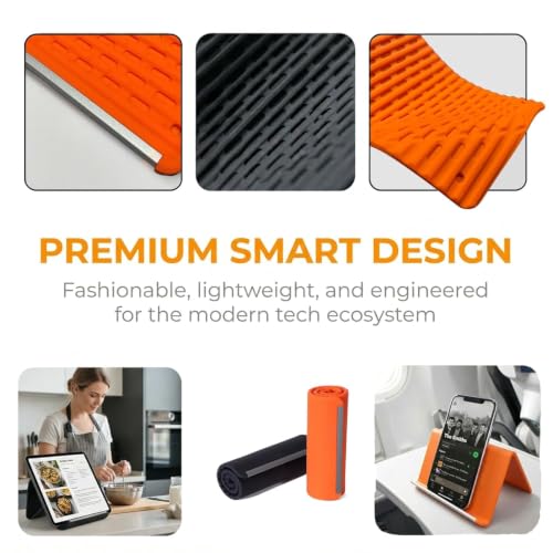 Image of Flexible Silicone Phone Stand, Foldable Bendable Mobile Holder for Desk, Adjustable Anti-Slip Stand for Smartphones, Tablets and Lightweight Laptops, Portable Orange Device Support