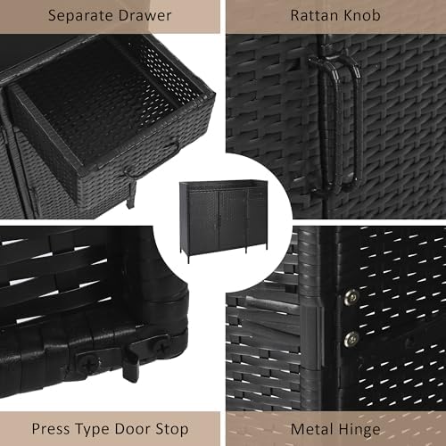 Siemd Wicker Outdoor Storage Cabinet with Adjustable Shelf and Drawer, Weather-Proof Rattan Bar Table with Tempered Glass Desktop and 3 Doors, Black — view 4