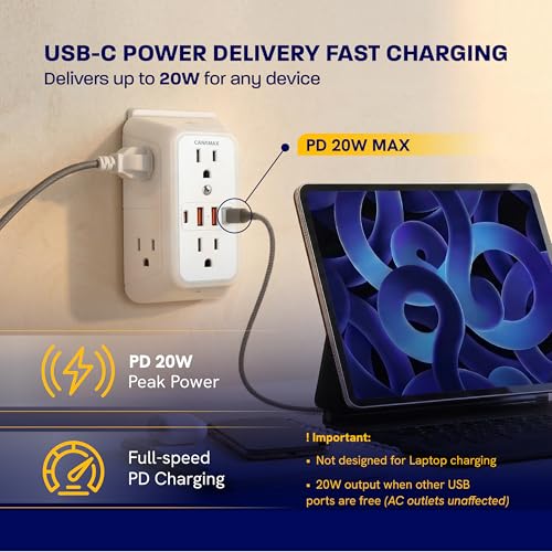Image of Multi Plug Wall Outlet Extender - 6 Outlet Splitter & 4 USB Ports with Fast Charging Type C PD 20W, Smart Night Light, 3 Side Power Strip 1050J Protector