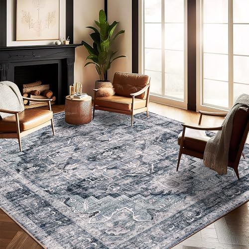 CHAMPLANT Washable Area Rug 8'x10' Dark Blue Retro Boho Design Non-Shedding Non-Slip Easy Care Ideal for High Traffic Areas in Living Room Bedroom Office Coffee Table Kitchen Large Carpet