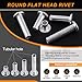 Rustark 151Pcs 5 Sizes M6 Aluminum Flat Head Semi Tubular Rivets Assortment Kit with Punch, Partial Hole Tubular Rivets Round Flat Head Semi Tubular Rivet Silver Tone for Household Industry Repairing