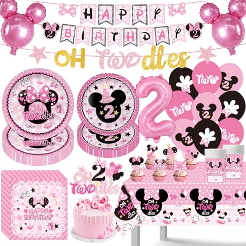 108Pcs Pink Mouse Birthday Decorations Tableware Oh Twodles Birthday Party Supplies Include Banner...
