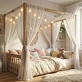 MoproBeti Twin Size Montessori Floor Bed with Canopy Frame and High Guardrails, Solid Wood Twin Canopy Bed with 4 Posters, Safe and Stylish Canopy Twin Bed for Kids Girls Boys,Natural