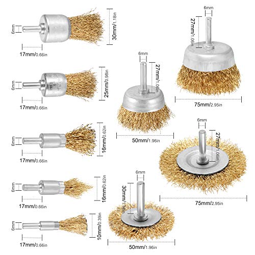 9-teilig Drahtbürste Bohrmaschine Metall Satz,Messingbürste Bürstenaufsatz,Scheiben Topfbürste Stahlbürste Rostentferner mit Schaft 6 mm