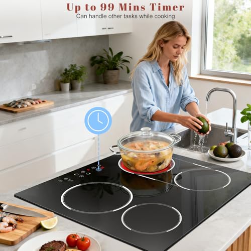Image of 24 Inch Electric Cooktop Built-in, 4 Burner Electric Stove with 6900W Total High Power, 24 inch Ceramic Cooktop with BBQ Burner, Touch Control, Child Safety Lock, 220V-240V Hard Wire, No Plug