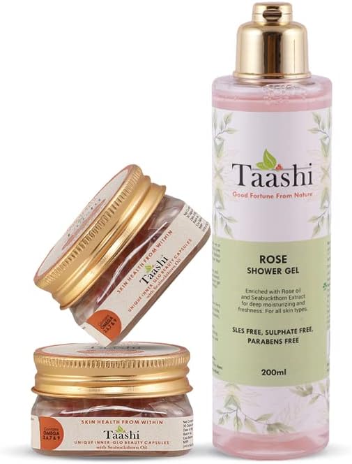 Seabuckthorn 100% Natural Vegetarian Collagen Builder Beauty Capsules (pack of 2) with Taashi Rose Shower Gel