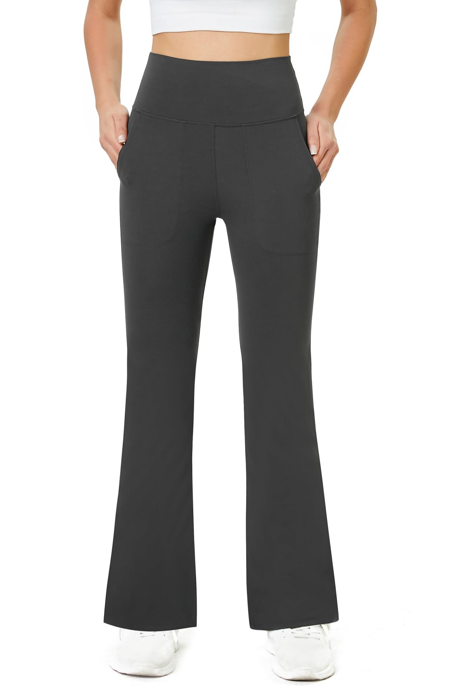 Friptspyg Damen Hose mit Taschen Casual Arbeit Hose High Waist Yogahose Stretch Jogginghose Bootcut Sporthose Freizeit Yoga Pants, Dunkelgrau XL