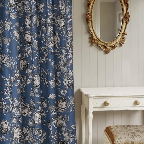 StangH Slate Blue Curtains 84 Inch Cottage Floral Velvet Drapes 2 Panels